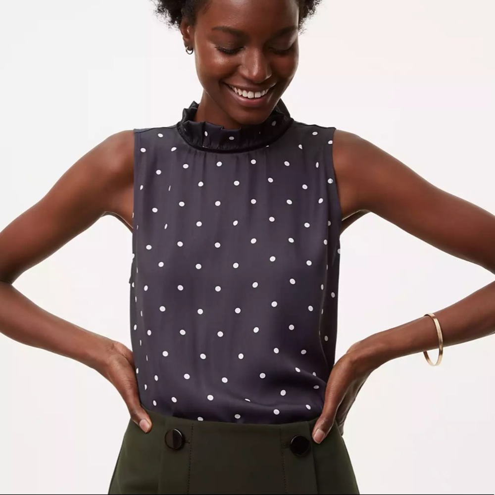 Loft Gray Dotted Tie Ruffle Neck Shell Top